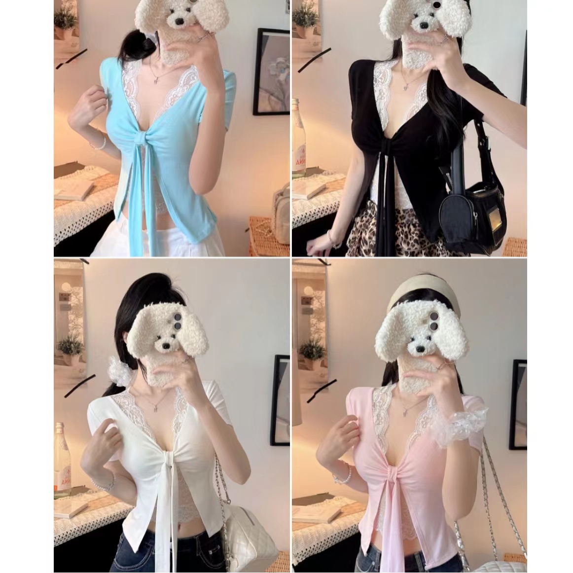 순수한 욕망 섹시함 레이스 측면 나비 넥타이 V넥 반팔 티셔츠 여성 여름 프랑스식 페이크 레이어드 벨트 가슴 패드 의류