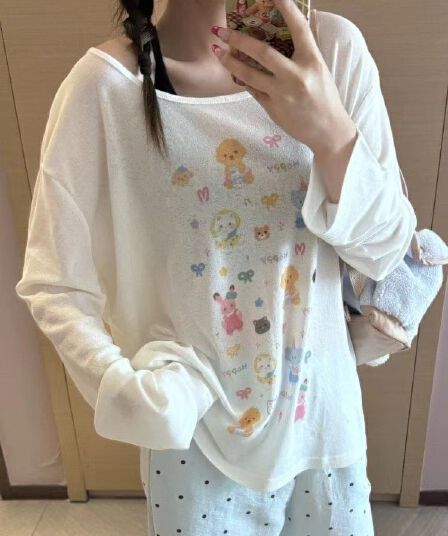 한 부서 일본식 만화 프린트 긴팔 새로운 티셔츠 여름 느긋한 자외선 차단 루즈핏 캐주얼 얇은 스타일 블라우스 맨위