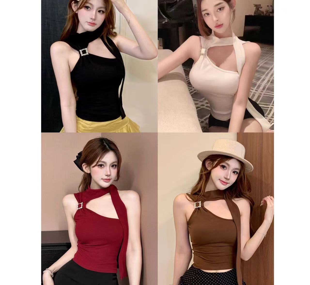 여름 순수한 욕망 섹시함 비스듬한 어깨 행침 목 리본 캐미솔 새로운 몸매 가꾸기 슬림해 보이는 디자인 센스 외출용 맨위