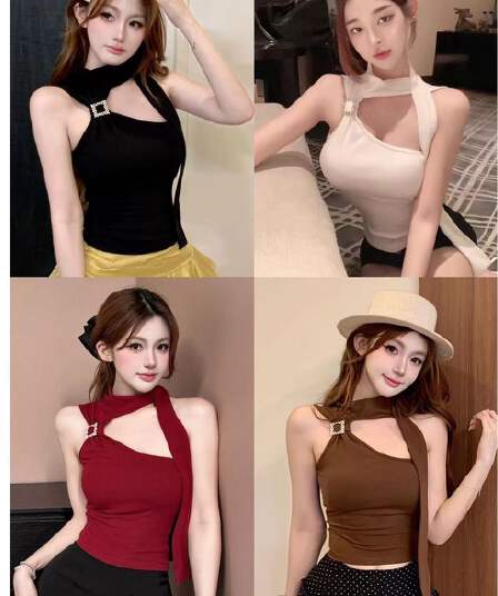 여름 순수한 욕망 섹시함 비스듬한 어깨 행침 목 리본 캐미솔 새로운 몸매 가꾸기 슬림해 보이는 디자인 센스 외출용 맨위