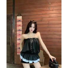 批发条纹<b class='q'>荷叶边</b>露肩无袖抹胸背心女夏季撞色拼接修身收腰辣妹上衣外穿