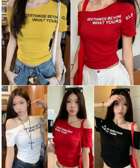 여름 새로운 핫걸 바람 비스듬한 어깨 알파벳 프린트 패치워크 반팔 티셔츠 여성 몸매 가꾸기 슬림해 보이는 원피스 벨트 가슴 패드