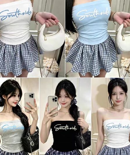 여름 새로운 핫걸 바람 알파벳 프린트 패치워크 튜브탑 조끼 몸매 가꾸기 슬림해 보이는 원피스 벨트 가슴 패드 의류 여성