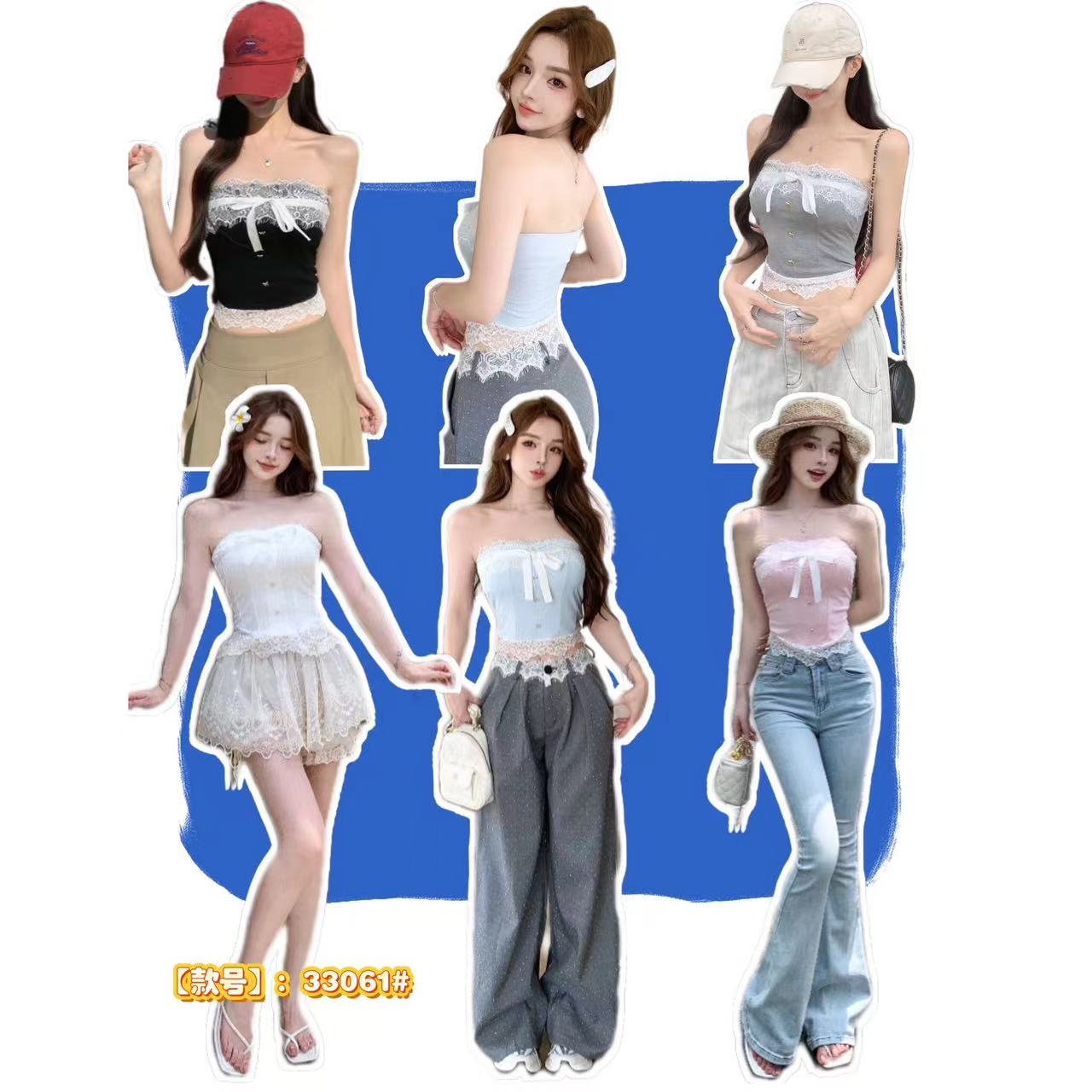 순수한 욕망 바람 오프숄더 나비 매듭 튜브탑 레이스 레이스 조끼 여성 의류 디자인 허리 수축 생선뼈 벨트 가슴 패드