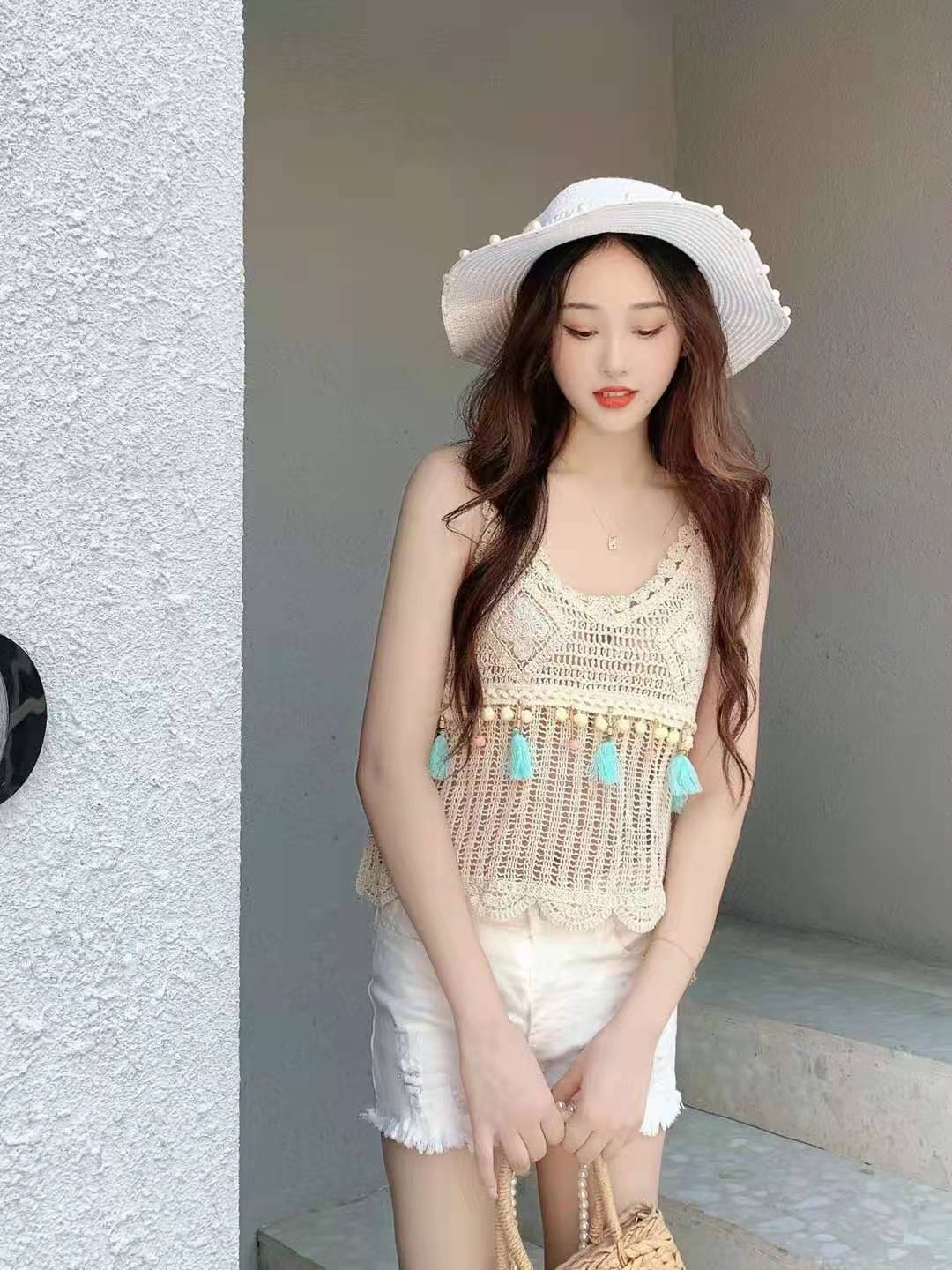 민족 스타일 얕은 베이지 색 술 작은 베스트 센 부서 전체 ~ 중 작은 블라우스 보헤미안 바람