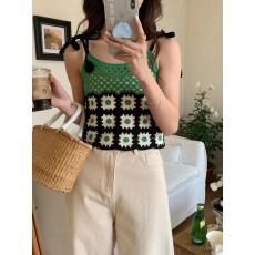 批发个性绑带拼色针织吊带<b class='q'>背心女</b>夏季甜辣百搭网眼性感镂空上衣