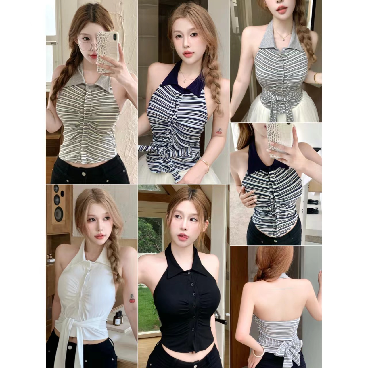 학원 스타일 POLO 칼라 리본 허리 수축 스트랩 튜브탑 조끼 벨트 가슴 패드
