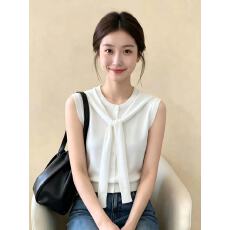 批发韩系设计感飘带领针织<b class='q'>背心</b>女2026夏季新款白色无袖百搭高级感上衣