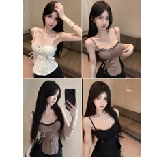 批发夏季性感辣妹蕾丝拼接<b class='q'>吊带</b><b class='q'>背心</b>女外穿设计感收腰绝美短款无袖上衣