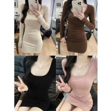 批发磨毛-辣妹粉色长袖女秋<b class='q'>冬</b>纯欲紧身带胸垫性感内搭包臀裙