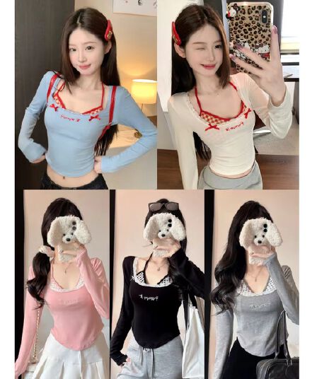 가을 달콤함 페이크 레이어드 긴팔 티셔츠 여성 벨트 가슴 패드 만나는 속옷 몸매 가꾸기 슬림해 보이는 외출용 기본 셔츠