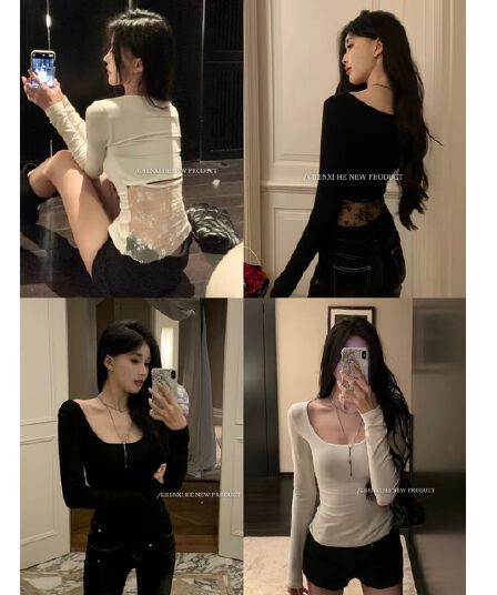 핫걸 바람 순수한 욕망 백리스 레이스 조각 긴팔 티셔츠 여성 봄 고유 한 몸매 가꾸기 디자인 센스 맨위