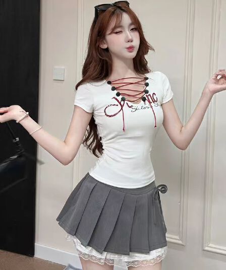 순수한 욕망 바람 십자가 스트랩 V넥 반팔 티셔츠 몸매 가꾸기 슬림해 보이는 알파벳 프린트 쇼트 스타일 맨위