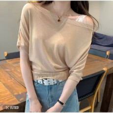 批发<b class='q'>韩版</b>蝙蝠袖针织衫T恤女夏季斜肩掐腰阔袖气质上衣