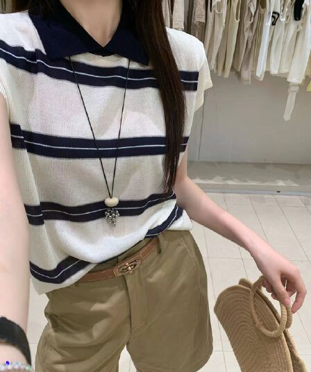 한 부서 배색 POLO 칼라 스트라이프 작은 날다 소매 짠 셔츠 여성 여름 학원 스타일 품격 다용도 얇은 스타일 맨위 트렌디