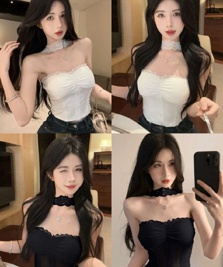 세련된 외국 가스 품격 섹시함 레이스 튜브탑 조끼 여성 여름 한국 스타일 순수한 욕망 바람 나만의 것을 가져와 라. 가슴 패드 행침 목 맨위