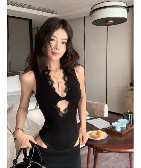 아메리칸 핫걸 레이스 하트 매듭 홀로우 아웃 민소매 올인원 맨위 여름 고급 디자인 센스 몸매 가꾸기 슬림해 보이는 맨위 여성