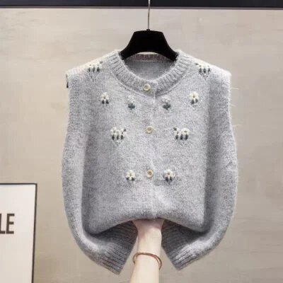 수공 벚꽃 셔츠 니트 베스트 조끼 여성 2026 가을 겨울 새로운 루즈핏 외출용 조끼 스택 착용 스웨터 어깨