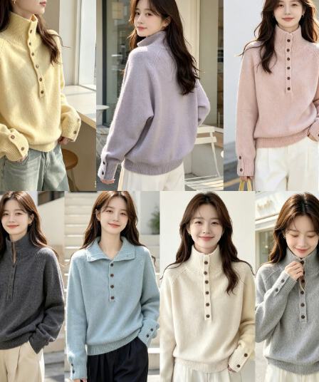 한국 동대문 새로운 스탠드 칼라 반 개방 버클 루즈핏 단색 긴팔 풀오버 두꺼운 스웨터 가을 겨울 새로운 품격