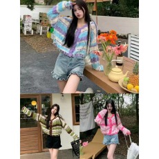 批发<b class='q'>甜美</b>风撞色条纹长袖针织衫女薄款显瘦修身设计感流苏毛边开衫上衣