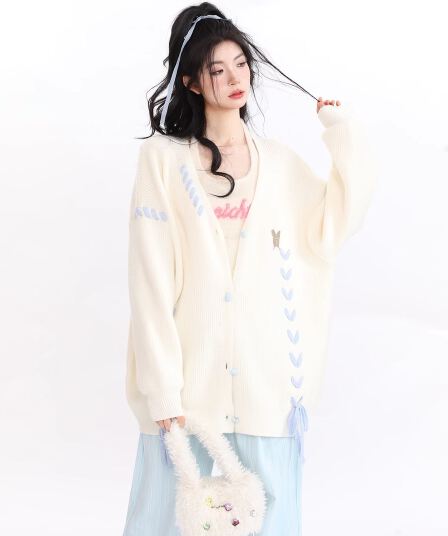 한국 동대문 가을 겨울 느긋한 바람 작은 대중 다용도 디자인 센스 나비 스트랩 하트 단추 여성 오픈 가디건 스웨터