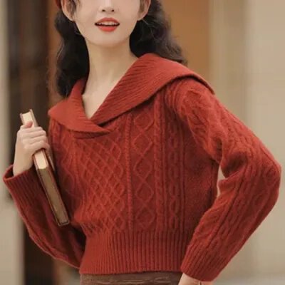 한 부서 해군 칼라 레트로 일본식 느긋한 크리스마스 빨간색 스웨터 여성 겨울