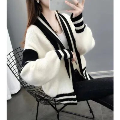 한국 가을 겨울 chic 배색 야구 유니폼 V넥 대 뒤집다 측면 길이 소매 루즈핏 두꺼운 스웨터 코트