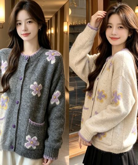 한국 동대문 꽃 자수 라운드 넥 긍정적 인 어깨 니트 오픈 가디건 스웨터 여자 2026 가을 겨울 새로운 슈퍼 잘 생긴 백