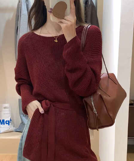 레트로 항구 바람 와인 레드 스웨터 여자 가을 한 부서 새로운 부드러운 찹쌀 느긋한 바람 연령 감소 트임 니트 스웨터 맨위