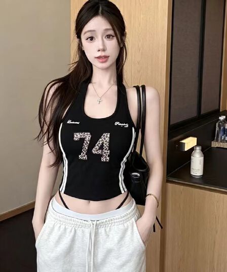 가을 새로운 벨트 가슴 패드 아메리칸 핫걸 디자인 센스 프린트 아름다움 뒤로 몸매 가꾸기 야외 스포츠 조끼
