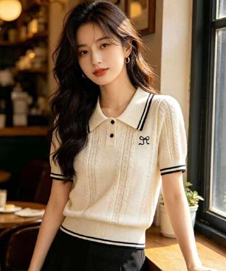 통기성 고급 반팔 2026 여름 새로운 polo 폴로 칼라 반소매 슬림해 보이는 니트 스웨터 배색 스트라이프 주머니 수건