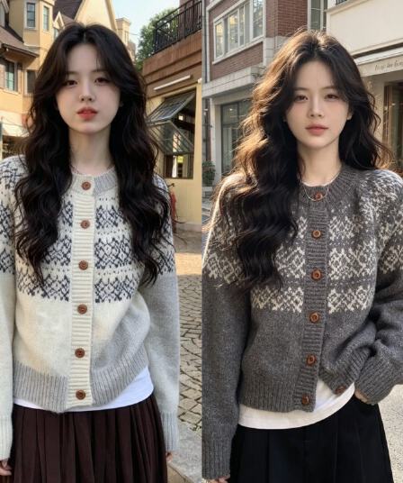 한국 동대문 레트로 자카드 라운드 넥 오픈 가디건 가을 겨울 찹쌀 프로 피부 루즈핏 니트 느긋한 스웨터 코트 맨위