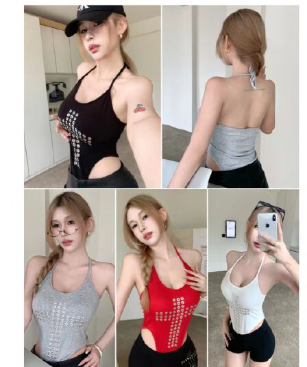 거리 기능 바람 징 행침 목 맨위 십자가 디자인 핫걸 백리스 높음 포크 올인원 캐미솔 여름
