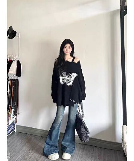 나비 매듭 디자인 센스 오프숄더 스웨터 긴팔 여성 코트 작은 대중 첫사랑 부서 달콤함 두꺼운 니트 스웨터 맨위 트렌디