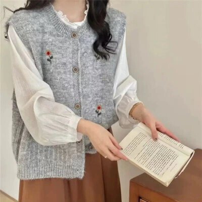 한 부서 느긋한 바람 꽃 니트 베스트 조끼 여성 가을 겨울 셔츠 스택 착용 민소매 어깨 외부 가져 가라. 스웨터 오픈 가디건