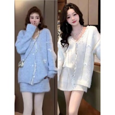 批发慵懒温柔风镂空蝴蝶结针织开衫半身裙套装女秋冬高级感毛衣两件套