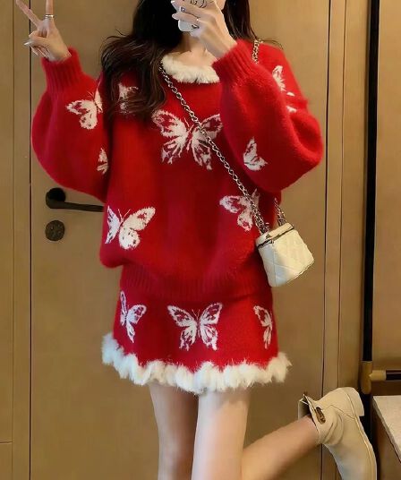 한 부서 느긋한 바람 품격 달콤함 나비 레이스 스웨터 미니 스커트 여성 의류 2026 새로운 프랑스식 아름다운 세트 드레스
