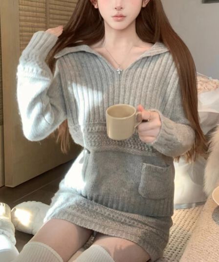 작은 키 한 부서 느긋한 바람 회색 니트 원피스 아이들 가을 겨울 새로운 스웨터 세트 타이트 스커트 투피스 세트