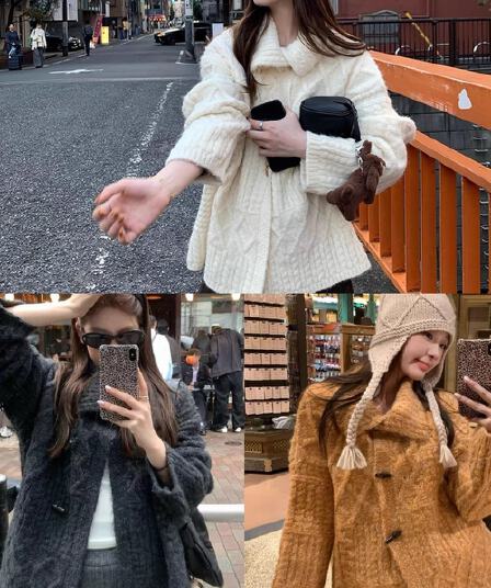 im ~까지 무거운 작업 트위스트 꽃 소뿔 버클 폴로 칼라 느긋한 꽈배기 스웨터 여성 가을 양모 스웨터 코트