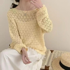批发韩系温柔风镂空上衣钩花下摆拼接针织衫女装春<b class='q'>夏</b>新款防晒薄款罩衫