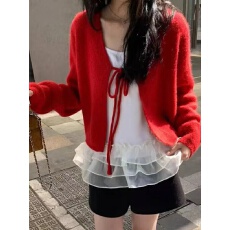 批发韩系v领圣诞红针织开衫秋季上衣女短款花边<b class='q'>吊带</b><b class='q'>背心</b>叠穿两件套