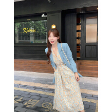 批发实拍  新款高级感蓝色西装<b class='q'>外套</b>设计感上衣V领碎花<b class='q'>连衣裙</b>长裙