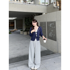 批发实拍  春新款复古连帽长袖毛衣外套女针织双拉链上衣拼色高腰裤子