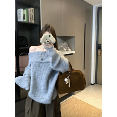批发实拍 露肩美学系列 一字肩毛衣针织衫上衣纯色长袖打底外穿毛衣