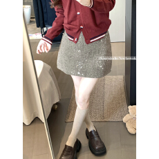 批发实拍 法式重工小香风亮片短裙女秋冬气质高腰显瘦a字<b class='q'>包臀</b>裙