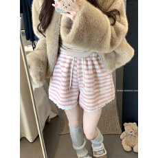 批发实拍 甜美撞色条蕾丝拼接羊羔毛松紧腰休闲<b class='q'>裤</b>秋冬高腰靴<b class='q'>裤</b>短<b class='q'>裤</b>