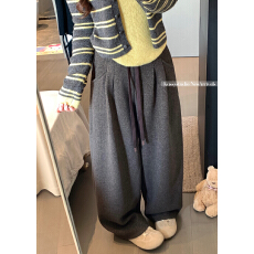 批发实拍 垂坠感毛呢<b class='q'>休闲裤</b>女加绒宽松直筒裤慵懒风阔腿长裤