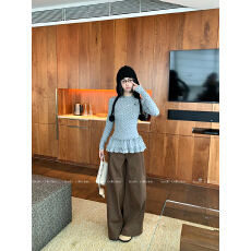 批发实拍 复古波点裙摆叠穿<b class='q'>长</b>袖t恤女秋冬款休闲上衣高腰阔腿弯刀裤