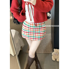 批发实拍 撞色彩虹格纹半身裙女秋冬高腰复古a字中裙显瘦包臀短裙