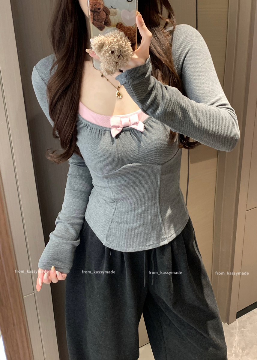 실사 봄 새로운 한 부서 허리 수축 패치워크 색상 펌프 Pleat 나비 매듭 얇은 플러시 만나는 티셔츠 여성 인사이드 가져 가라. 슬림해 보이는 맨위